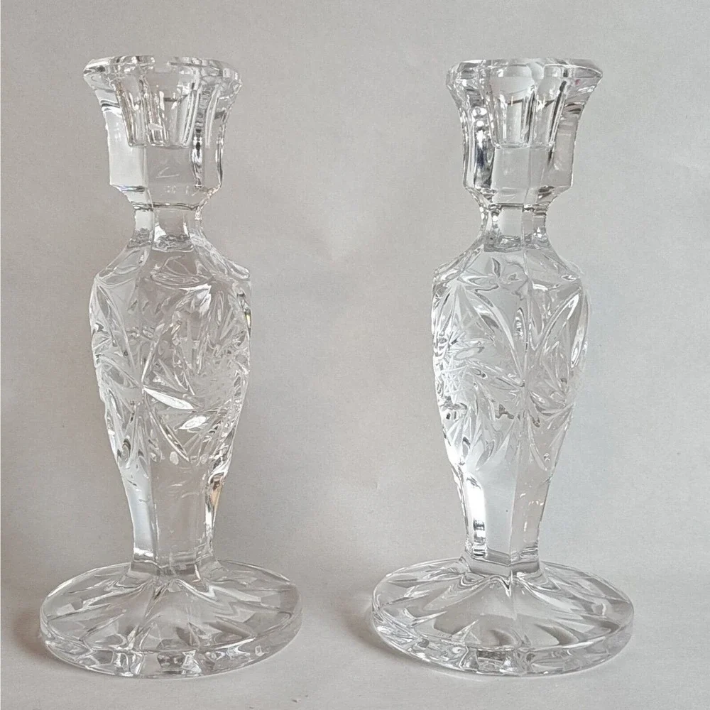 Vintage Pair Hobstar Heavy Crystal Glass Candlesticks Candleholders 7